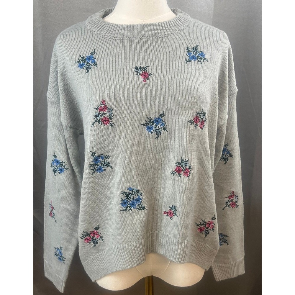 Wyld Heart Grey Embroidered Floral Knit Pullover Sweater Womens Medium Pullover